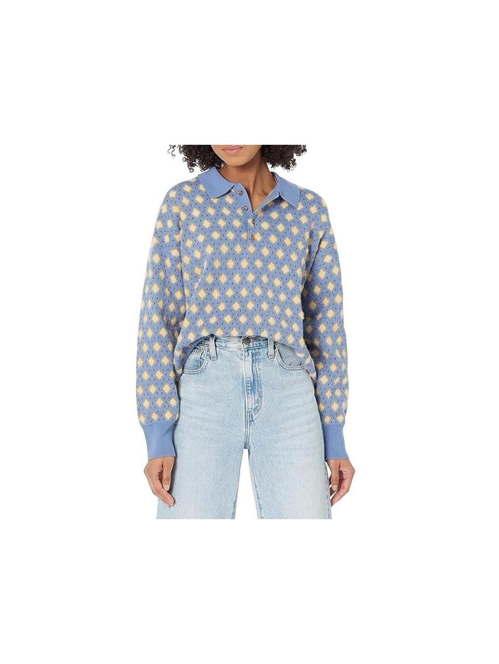 Levi's Remy Collared Diamond Geo Pattern Women’s Sweater Large Blue Yellow Knit